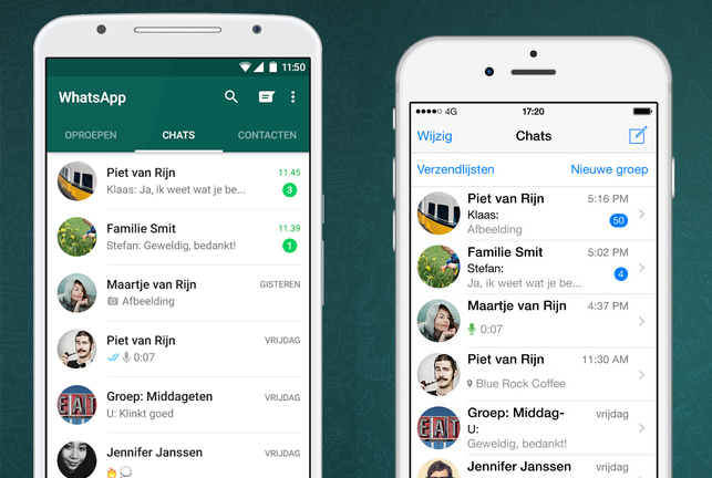 Omdat WhatsApp native ontwikkeld is en standaarden volgt, ziet deze app er op Android (links) anders uit dan op IOS (rechts)