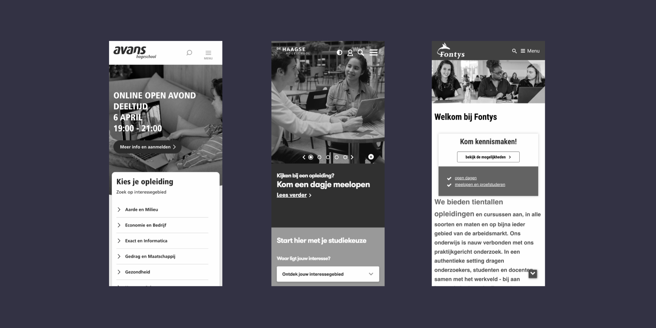 Drie websites van hogescholen naast elkaar in zwart-wit